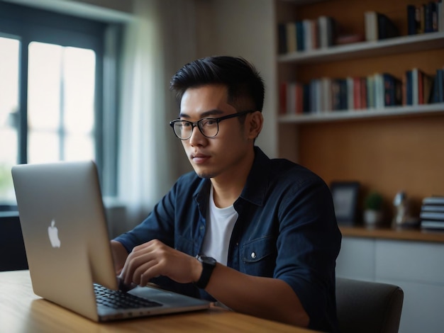 a man sits at a desk with a laptop and a book shelf behind him