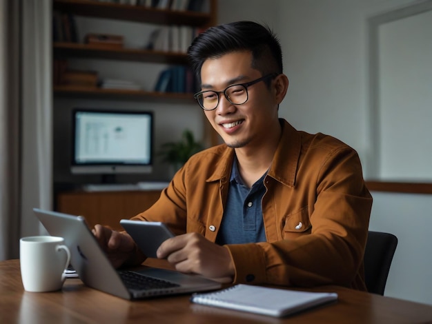 a man sits at a desk with a laptop and a coffee cup behind him