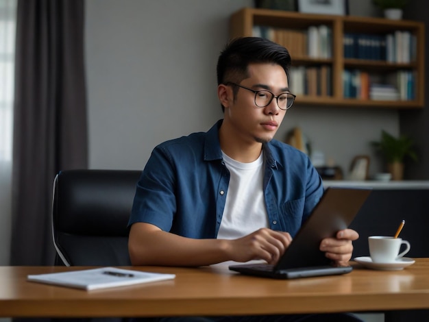 a man sits at a desk with a laptop and a coffee cup