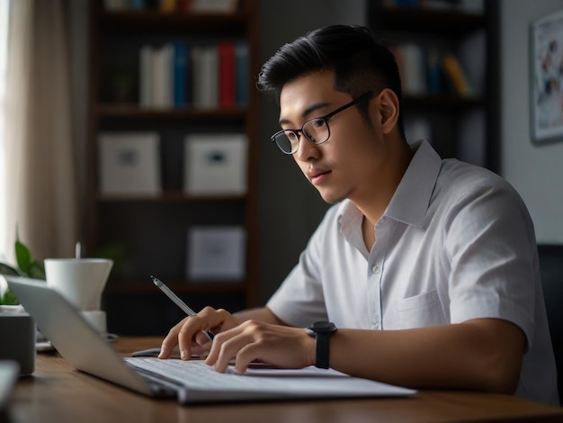 a man sits at a desk with a laptop and a cup of coffee