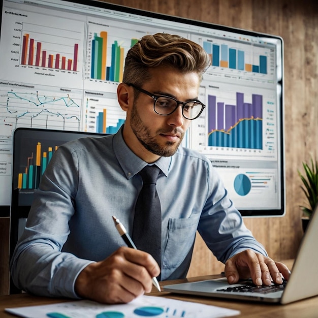 a man sits at a desk with a laptop and a graph on the screen