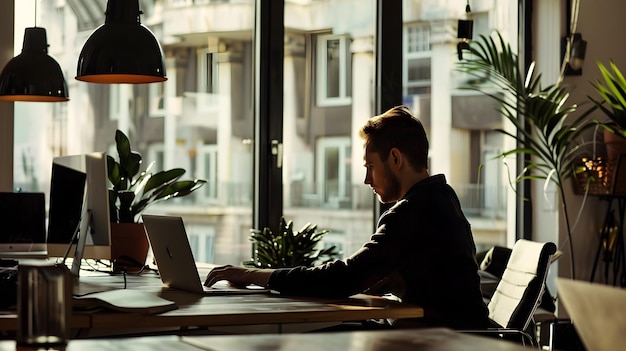 Photo a man sits at a desk with a laptop and a large window behind him