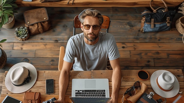 Photo a man sits at a desk with a laptop and a lot of tools