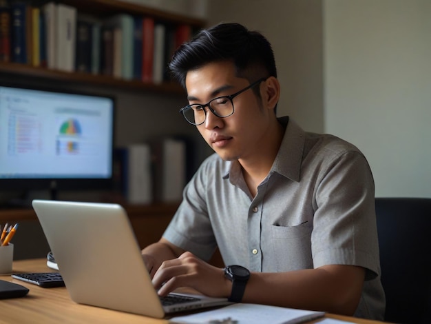 a man sits at a desk with a laptop and a monitor behind him