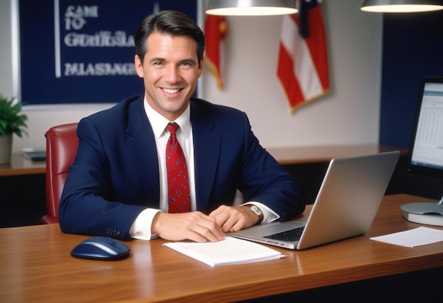 a man sits at a desk with a laptop and a mouse