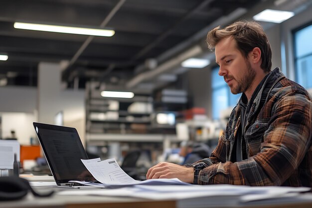 Photo a man sits at a desk with a laptop and a paper in front of him