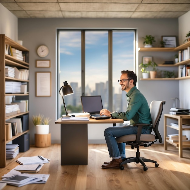 a man sits at a desk with a laptop and papers in front of him