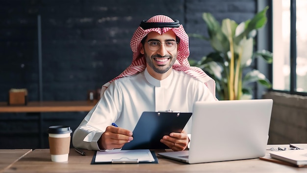 a man sits at a desk with a laptop and a pen in his hand