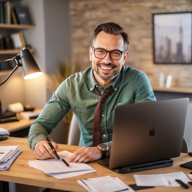 a man sits at a desk with a laptop and a pen in his hand