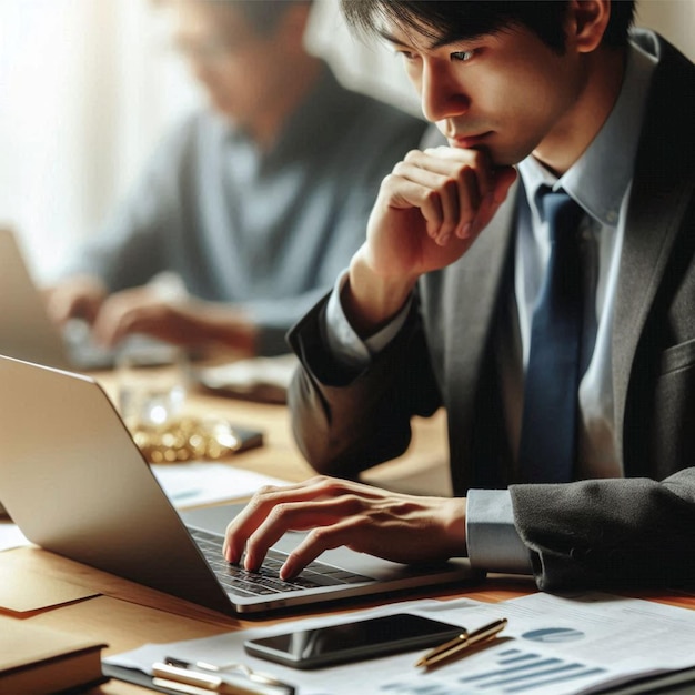 a man sits at a desk with a laptop and a pen on his lap top