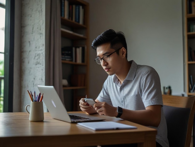 a man sits at a desk with a laptop and a pen and a pen