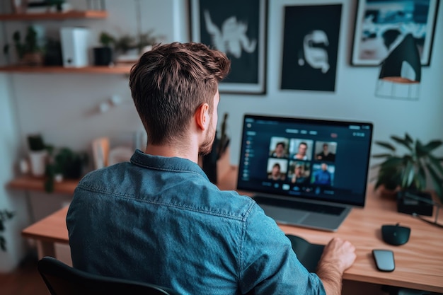 a man sits at a desk with a laptop and a picture of a man on it