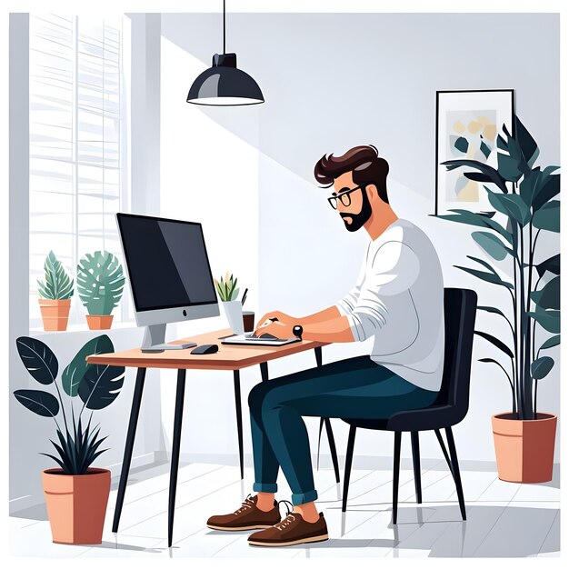 a man sits at a desk with a laptop and a plant in the background