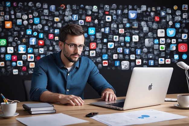 A man sits at a desk with a laptop and a wall of social media icons behind him