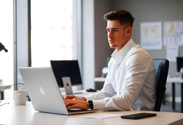 Photo a man sits at a desk with a laptop and a watch on his left hand