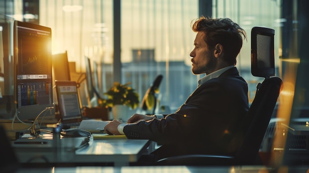 a man sits at a desk with a laptop and a window in the background