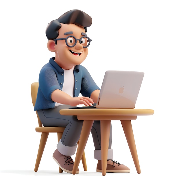 a man sits at a desk with a laptop and the word apple on it