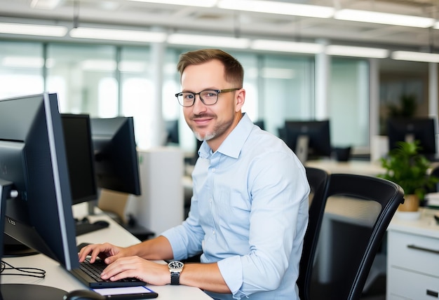 Photo a man sits at a desk with a laptop and the word  no  on it