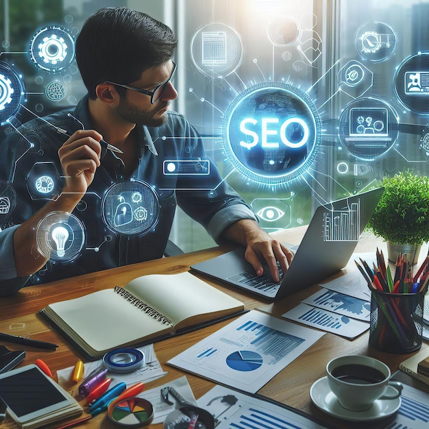 a man sits at a desk with a laptop and the word web on it