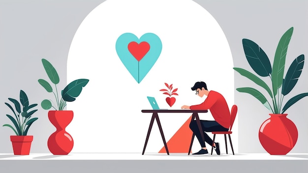 Photo a man sits at a desk with a laptop working with a heart icon on the screen and plants in the background symbolizing passion for work