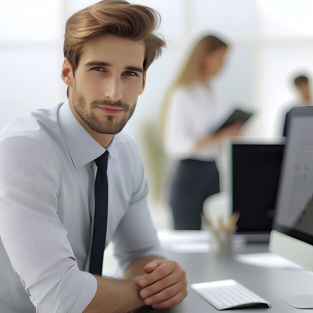 a man sits at a desk with a monitor and a laptop in the background