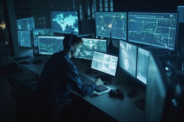 A man sits at a desk with multiple monitors and a computer screen that says'cyber security '