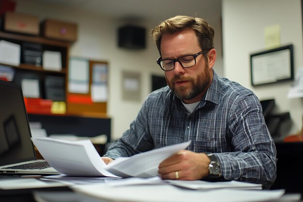 Photo a man sits at a desk with papers in front of him