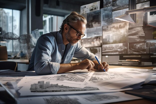 a man sits at a desk with a pen and a city in the background