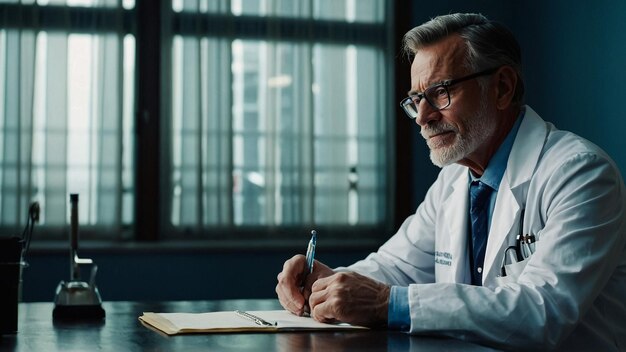 Photo a man sits at a desk with a pen in his hand and a pen in his hand