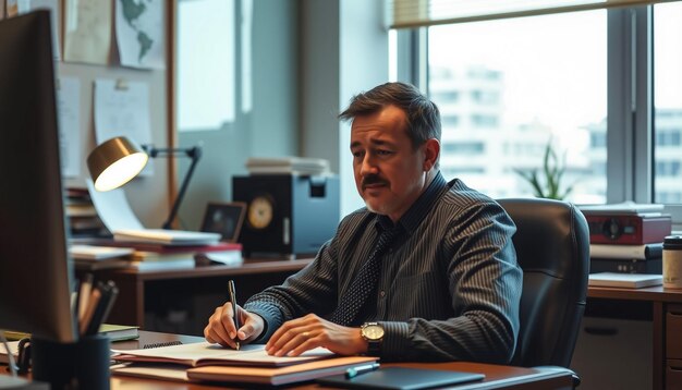 Photo a man sits at a desk with a pen in his hand