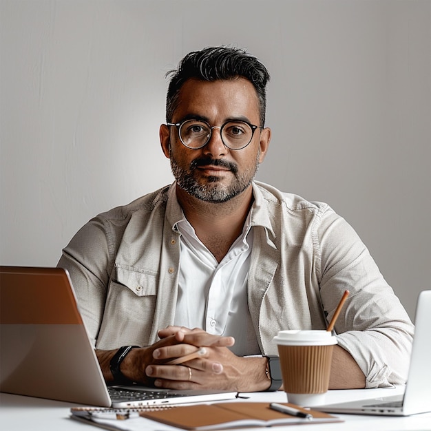 a man sits at a desk with two laptops and a coffee cup