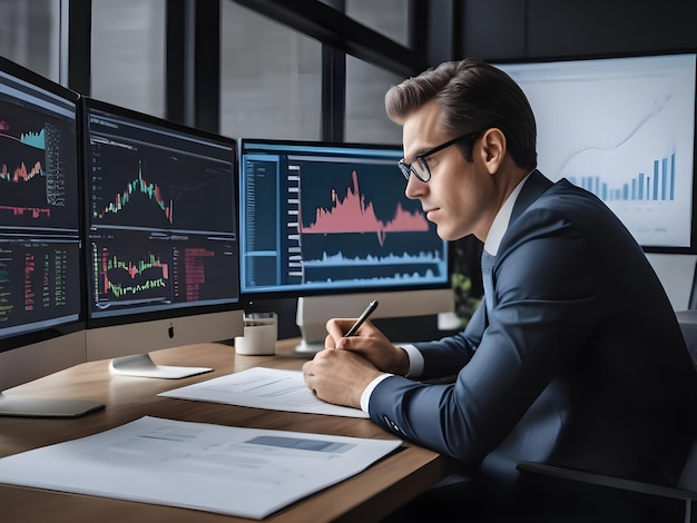 a man sits at a desk with two monitors and a pen in front of him