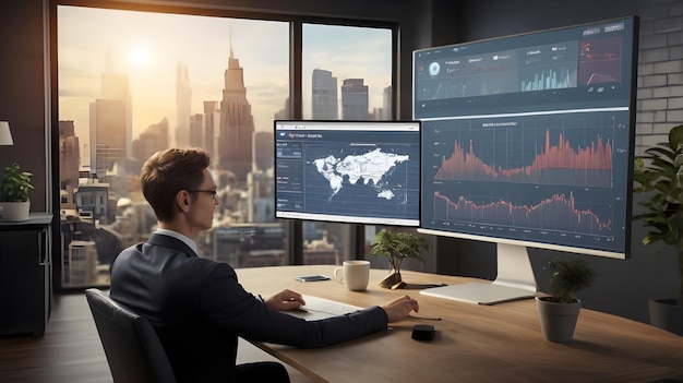 a man sits at a desk with two monitors with a beautiful city in the background