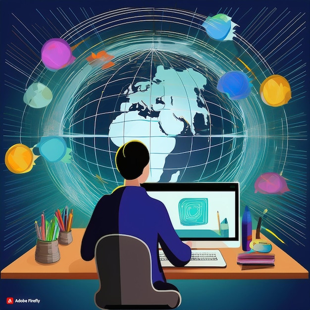 Photo a man sits at a desk with a world map on it