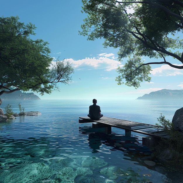 Man sits on dock by azure ocean enjoying natural landscape and coastal views