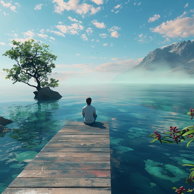 Man sits on dock by azure ocean enjoying natural landscape and coastal views