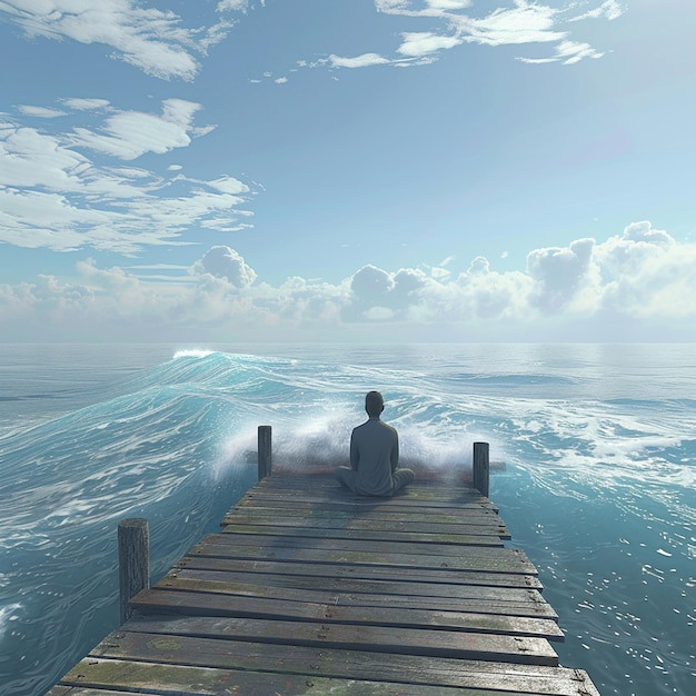 Man sits on dock by azure ocean enjoying natural landscape and coastal views