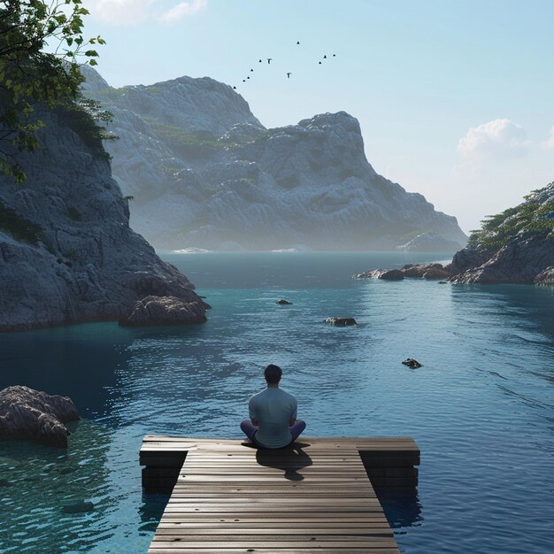 Man sits on dock by azure ocean enjoying natural landscape and coastal views