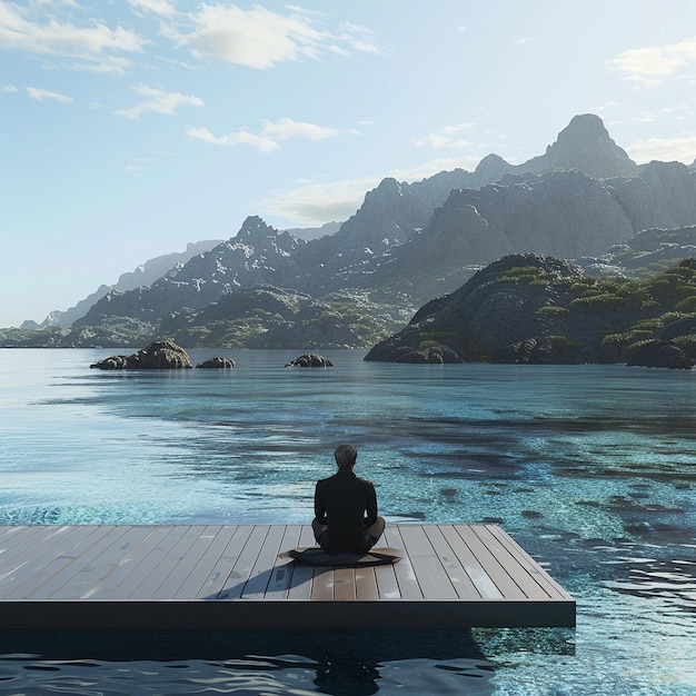 Photo man sits on dock by azure ocean enjoying natural landscape and coastal views