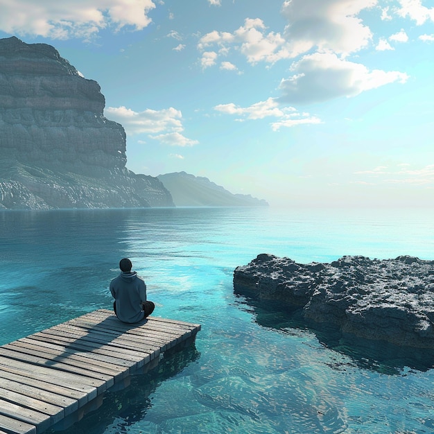 Photo man sits on dock by azure ocean enjoying natural landscape and coastal views