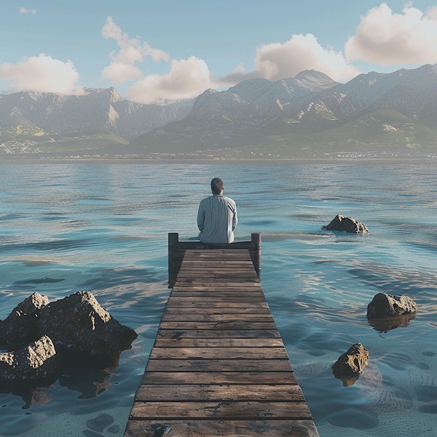 Photo man sits on dock by azure ocean enjoying natural landscape and coastal views