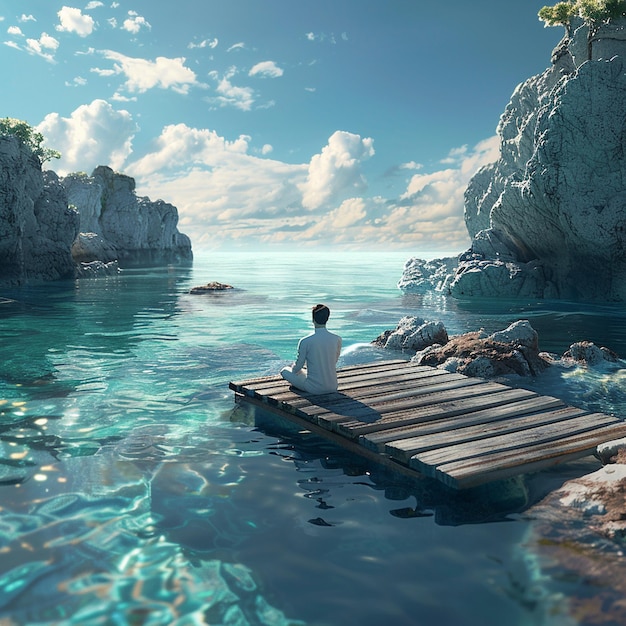 Man sits on dock by azure ocean enjoying natural landscape and coastal views