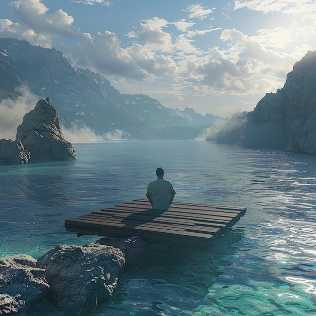 Man sits on dock by azure ocean enjoying natural landscape and coastal views