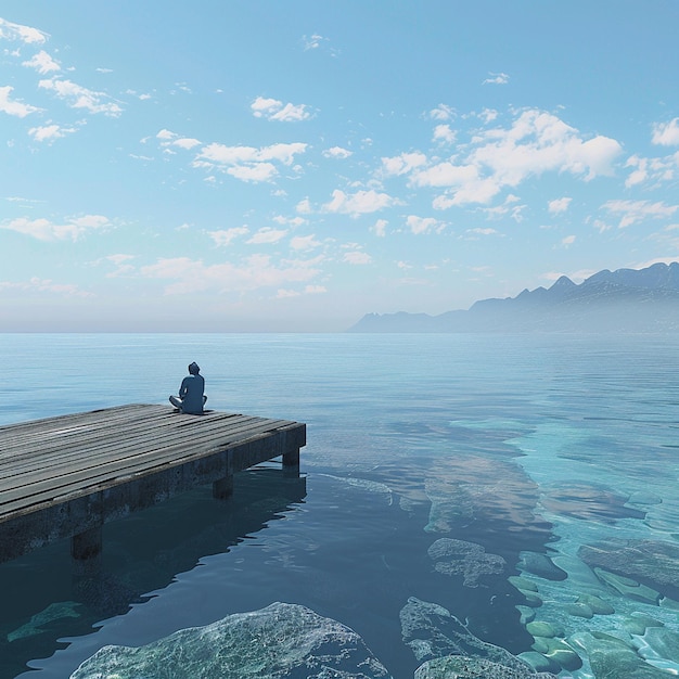 Photo man sits on dock by azure ocean enjoying natural landscape and coastal views