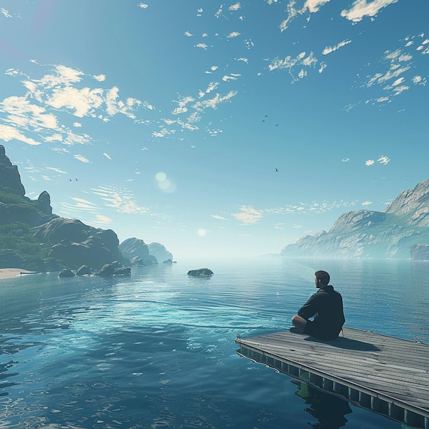 Man sits on dock by azure ocean enjoying natural landscape and coastal views