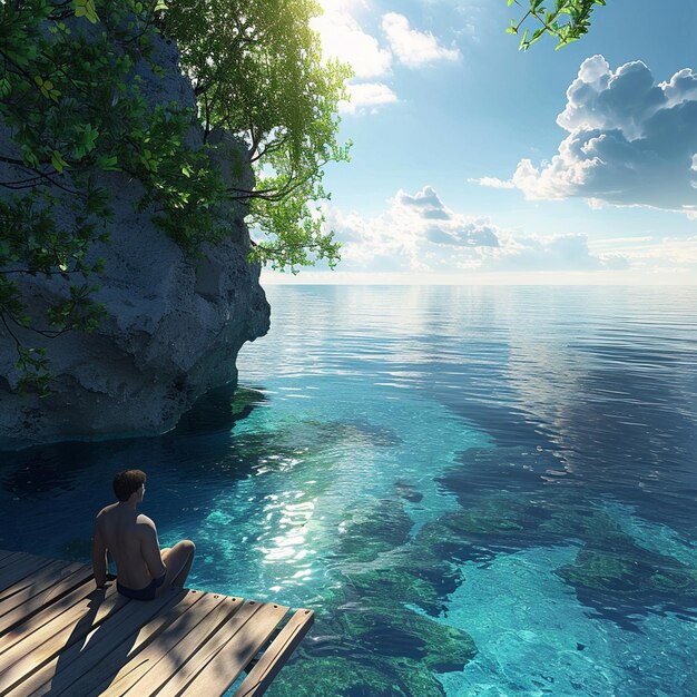 Man sits on dock by azure ocean enjoying natural landscape and coastal views