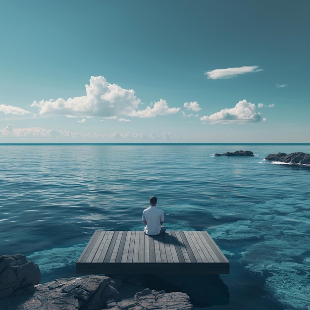 Photo man sits on dock by azure ocean enjoying natural landscape and coastal views