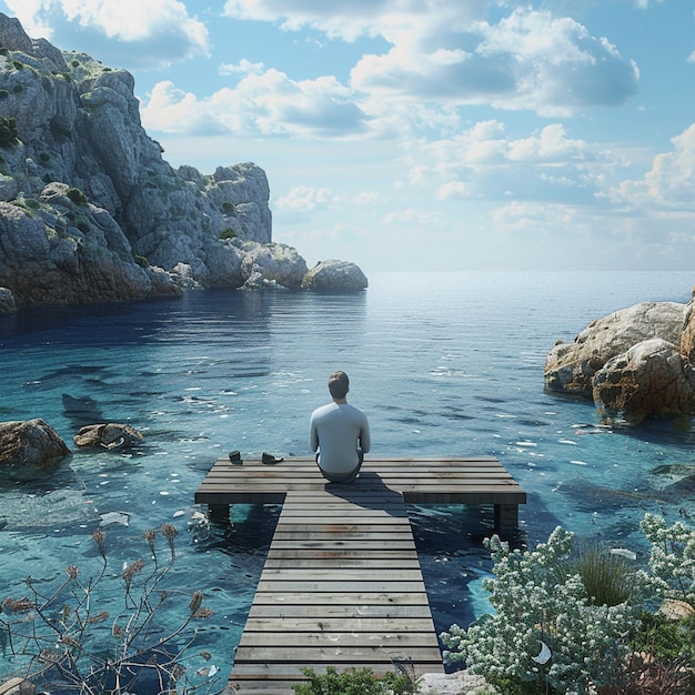 Photo man sits on dock by azure ocean enjoying natural landscape and coastal views