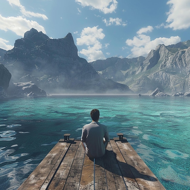 Man sits on dock by azure ocean enjoying natural landscape and coastal views