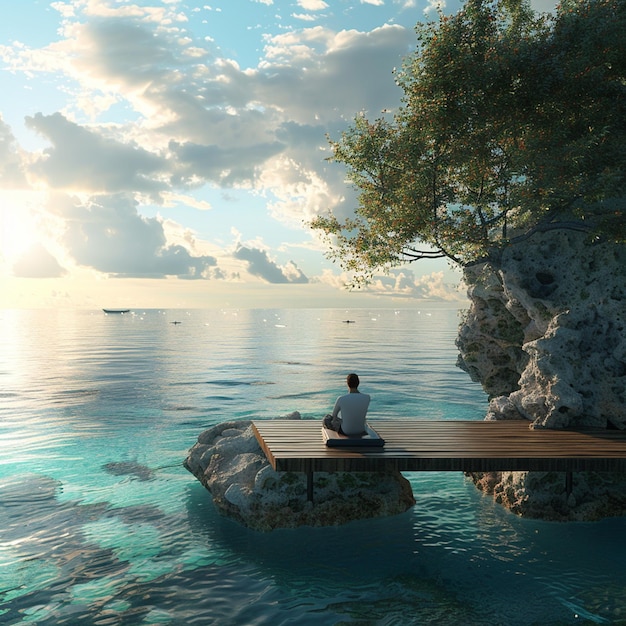 Man sits on dock by azure ocean enjoying natural landscape and coastal views